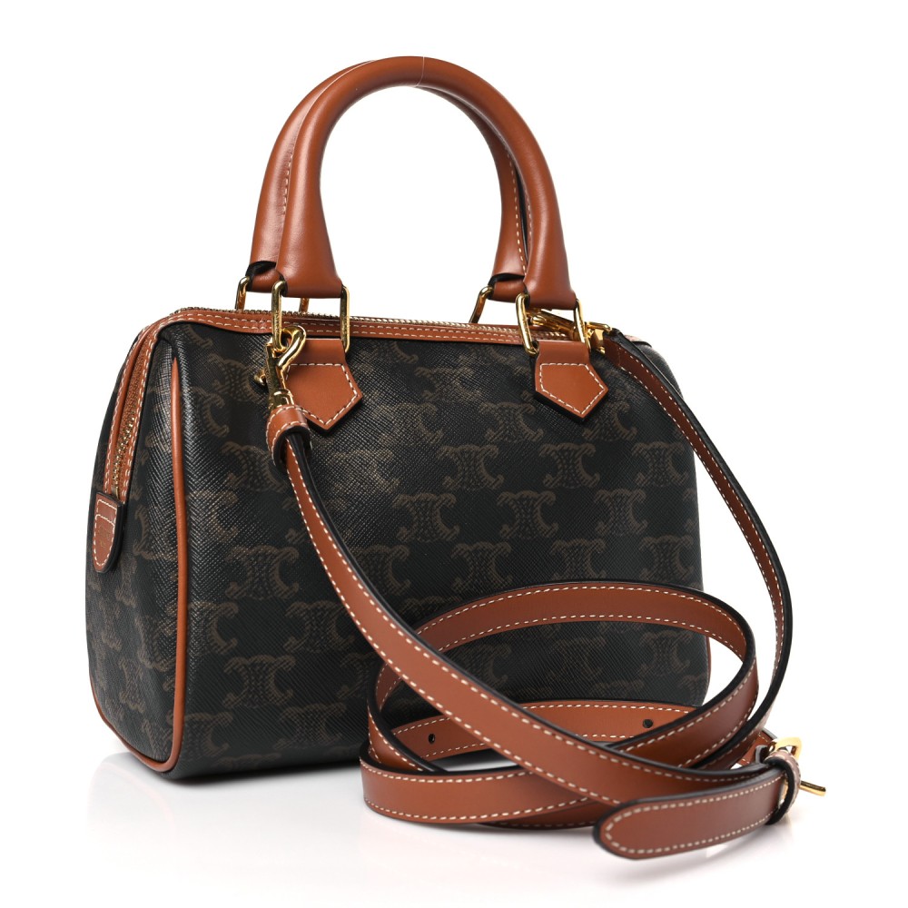 Triomphe Canvas Calfskin Small Boston Bag Tan Triomphe Canvas Calfskin Small Boston Bag Tan