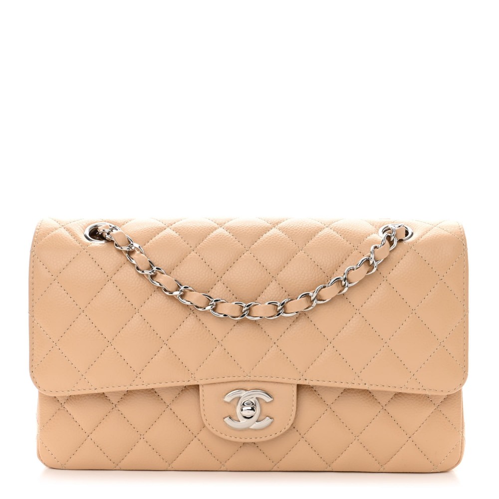 Caviar Quilted Medium Double Flap Beige Caviar Quilted Medium Double Flap Beige