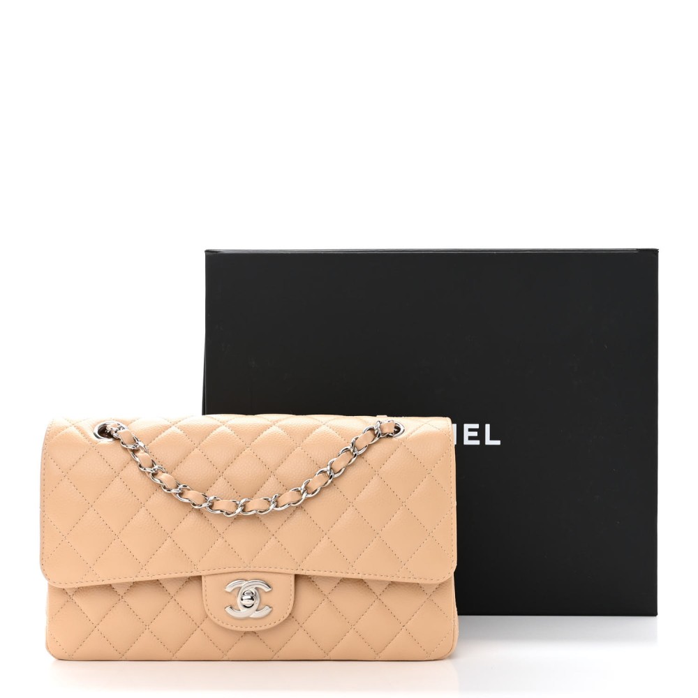 Caviar Quilted Medium Double Flap Beige Caviar Quilted Medium Double Flap Beige