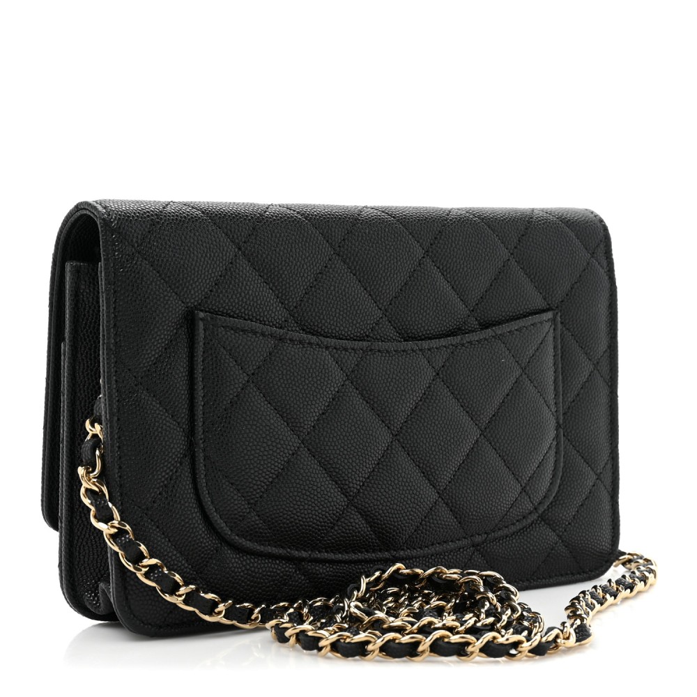 Shiny Caviar Quilted Strass CC Wallet On Chain WOC Black Shiny Caviar Quilted Strass CC Wallet On Chain WOC Black