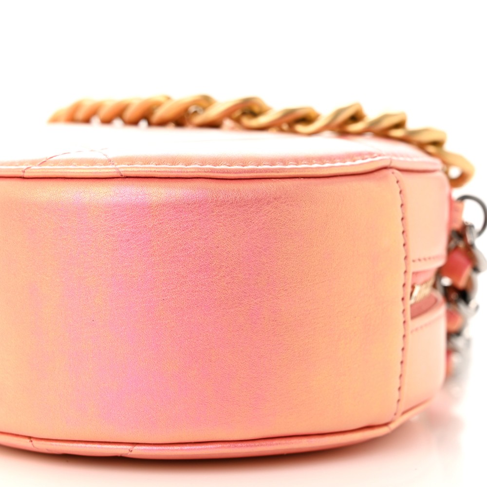Iridescent Calfskin Quilted Chanel 19 Round Clutch With Chain Pink Iridescent Calfskin Quilted Chanel 19 Round Clutch With Chain Pink