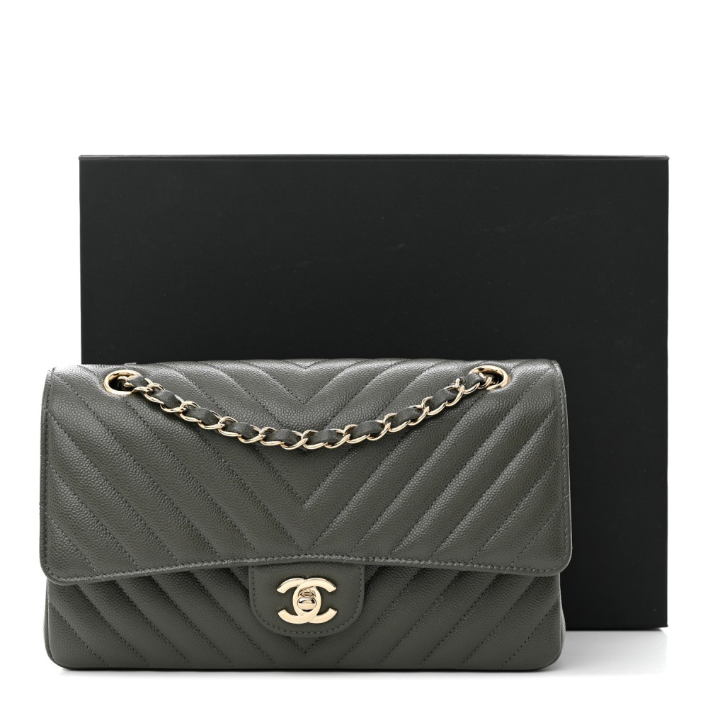 Caviar Chevron Quilted Medium Double Flap Dark Grey Caviar Chevron Quilted Medium Double Flap Dark Grey