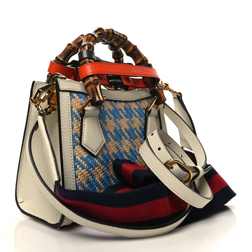 Raffia Textured Dollar Calfskin Web Houndstooth Mini Diana Tote Bag Light Blue Natural Deep Orange Raffia Textured Dollar Calfskin Web Houndstooth Mini Diana Tote Bag Light Blue Natural Deep Orange