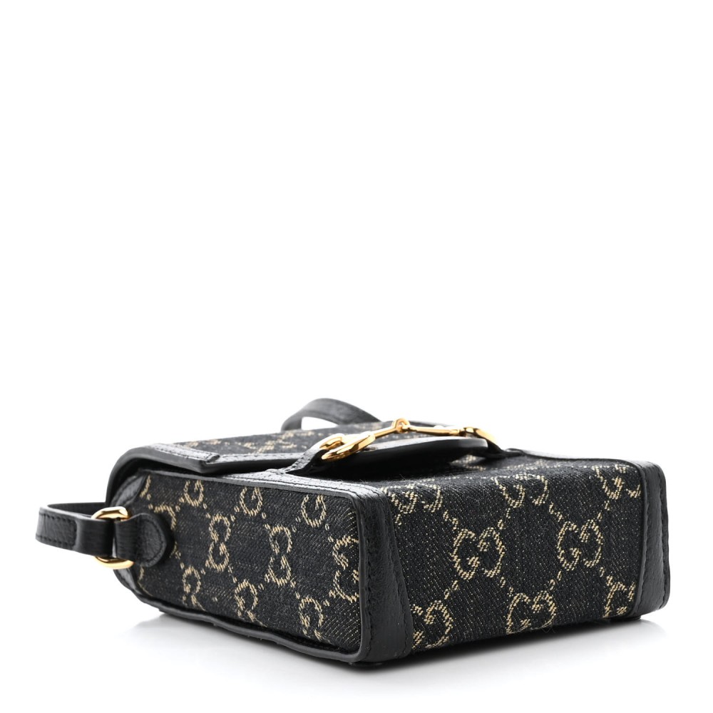 Jacquard Black Denim GG Monogram Textured Dollar Calfskin Mini Horsebit 1955 Crossbody Bag Black Ivory Jacquard Black Denim GG Monogram Textured Dollar Calfskin Mini Horsebit 1955 Crossbody Bag Black Ivory
