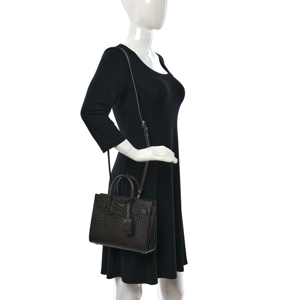 Calfskin Crocodile Embossed Nano Sac De Jour Dark Brown Calfskin Crocodile Embossed Nano Sac De Jour Dark Brown