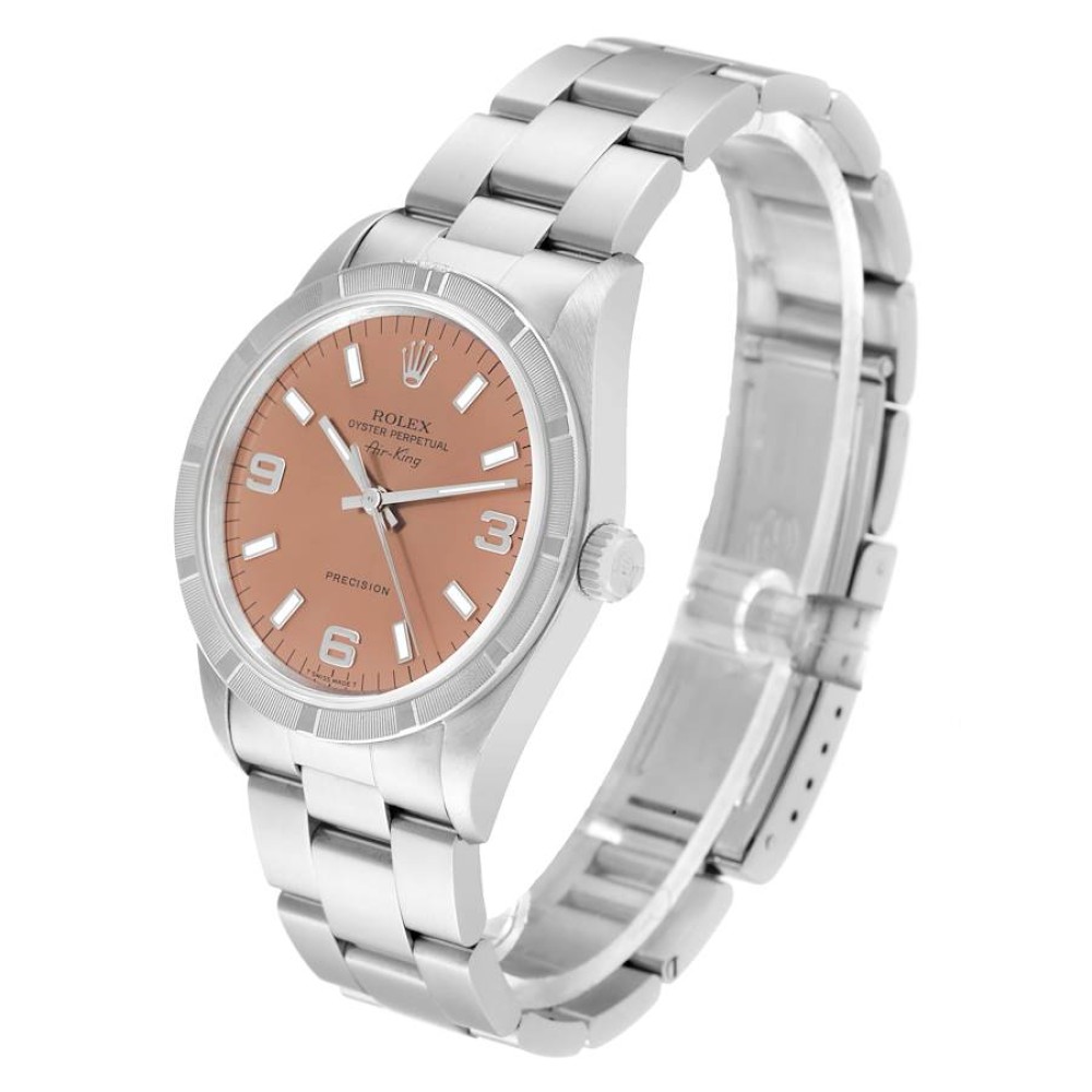 Rolex Air King 34 Salmon Dial Engine Turned Bezel Steel Mens Watch 14010 Rolex Air King 34 Salmon Dial Engine Turned Bezel Steel Mens Watch 14010