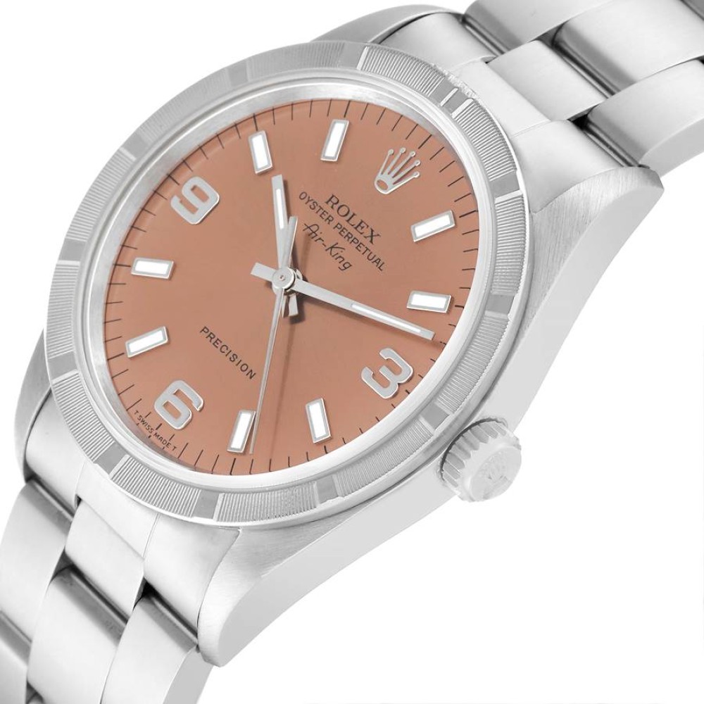 Rolex Air King 34 Salmon Dial Engine Turned Bezel Steel Mens Watch 14010 Rolex Air King 34 Salmon Dial Engine Turned Bezel Steel Mens Watch 14010